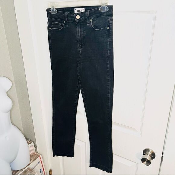 PAIGE Dylan Straight Undone Jeans Frayed cuffs Ankle Skinny Faded Black Denim 25 - Picture 6 of 10
